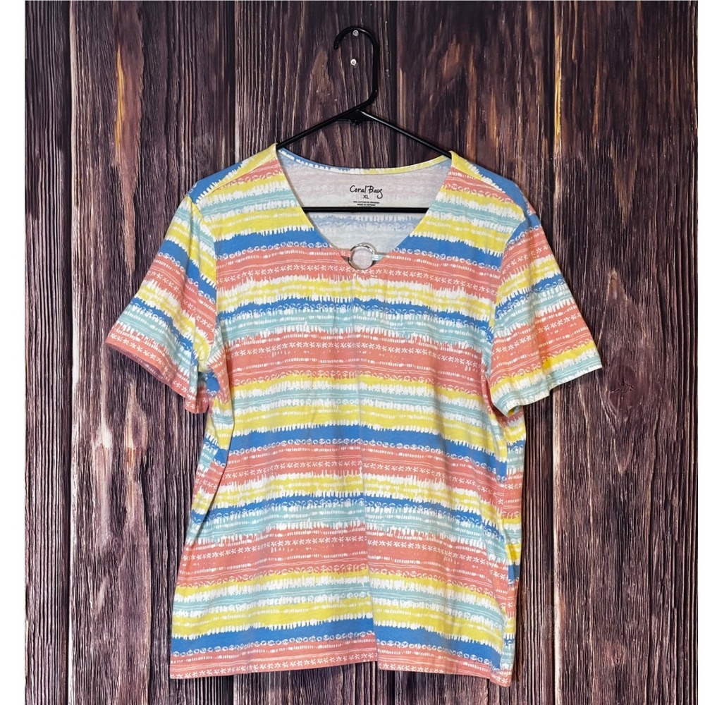 Coral Bay Top Womens XL Multicolor Stripe V Neck Ring Detail Short Sleeve